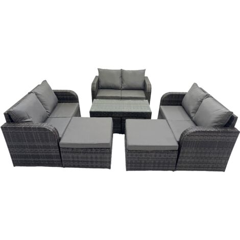 Fimous 3 Seater Sofa Reclining Chair Coffee Table Set Rattan Garden Outdoor Furniture Set with 2 Big Footstools Dark Grey Mixed (1/5)