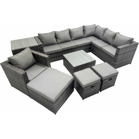Fimous Outdoor PE Rattan Garden Furniture Sofa Set with Square Coffee Table Chair 3 Stools Side Table Dark Grey (1/5)