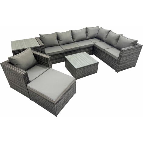 Fimous Outdoor PE Rattan Garden Furniture Sofa Set with Square Coffee Table Chair Big Stool Side Table Dark Grey (1/5)