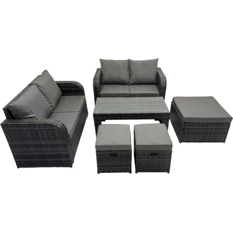 Fimous 3 Seater Sofa Reclining Chair Coffee Table Set Rattan Garden Outdoor Furniture Set with 3 Stools Dark Grey Mixed (1/5)
