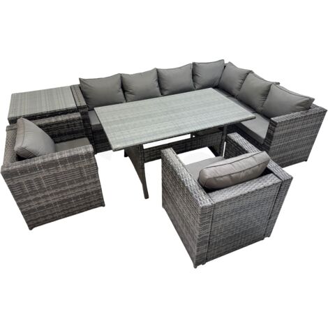 Fimous Rattan Garden Furniture Set Outdoor 8 Seater Patio Dining Corner Sofa Sets with Dining Table 2 Chairs Side Table Dark Grey Mixed (1/5)