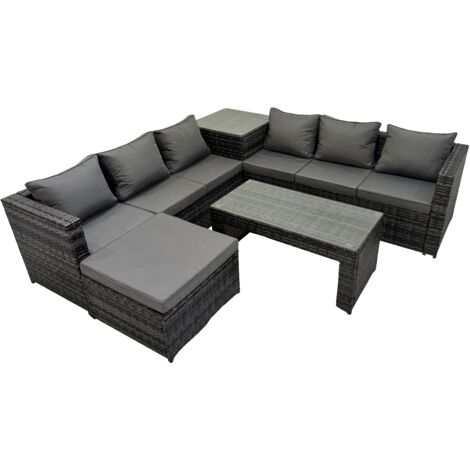 Fimous Garden Rattan Outdoor Furniture Set 7 Seater Patio Corner Sofa Oblong Coffee Table with Big Stool Side Table Dark Grey (1/5)