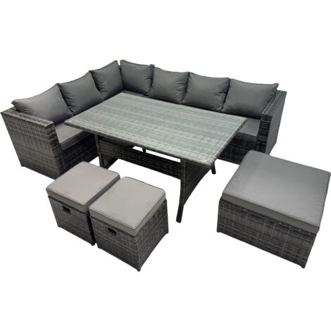 Fimous Outdoor PE Rattan Sofa Set with Dining Table Patio Garden Furniture Sets with 3 Stools Dark Grey Mixed (1/5)