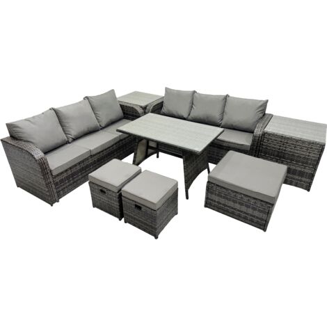 Fimous Garden Rattan Outdoor Furniture Set 9 Seater with 3 Seater Sofa 3 Stools 2 Side Table Dark Grey (1/5)