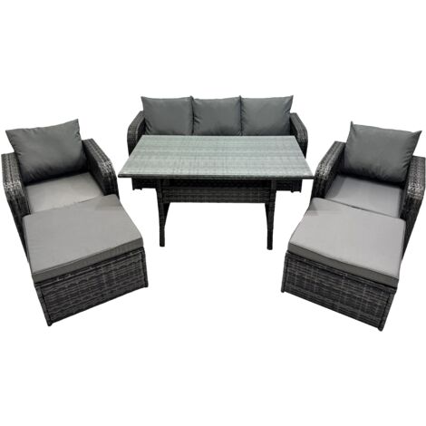 Fimous 7 Seat Outdoor Wicker PE Rattan Garden Furniture Set Dining Table Sofa Set with 2 Big Stool Dark Grey Mixed (1/5)