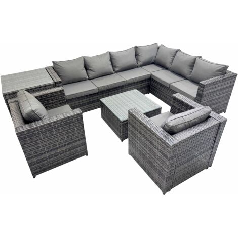 Fimous Outdoor PE Rattan Garden Furniture Sofa Set with Square Coffee Table 2 Chair Side Table Dark Grey (1/5)