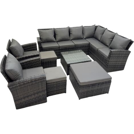 Fimous Rattan Garden Outdoor Furniture Set 11 Seater Garden Sofa Coffee Table Set with 2 Chairs 3 Footstools Dark Grey Mixed (1/5)