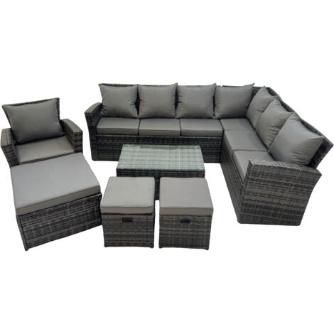 Fimous Rattan Garden Outdoor Furniture Set 10 Seater Garden Sofa Coffee Table Sets with Chair 3 Footstools Dark Grey Mixed (1/5)