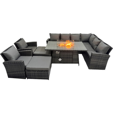 Fimous Outdoor Furniture Garden Dining Set Rattan Corner Sofa Chair Set Gas Fire Pit Table with Temper Glass 2 Big Footstools Dark Grey Mixed (1/5)