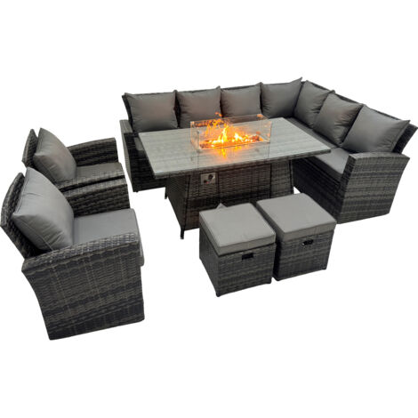 Fimous Outdoor Furniture Garden Dining Set Rattan Corner Sofa Chair Set Gas Fire Pit Table with Temper Glass 2 Small Footstools Dark Grey Mixed