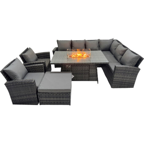 Fimous Outdoor Furniture Garden Dining Set Rattan Corner Sofa Chair Set Gas Fire Pit Table with Temper Glass Big Footstool Dark Grey Mixed (1/5)