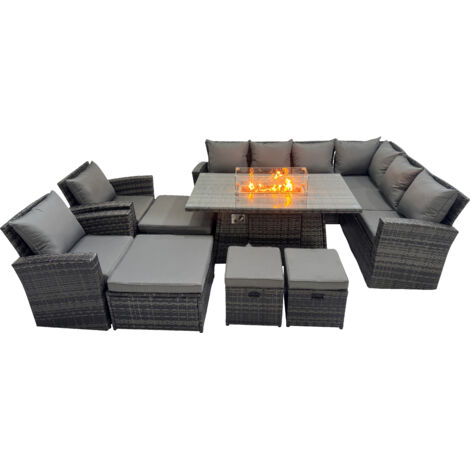 Fimous Outdoor Furniture Garden Dining Set Rattan Corner Sofa Chair Set Gas Fire Pit Table with Temper Glass 4 Footstools Dark Grey Mixed (1/5)