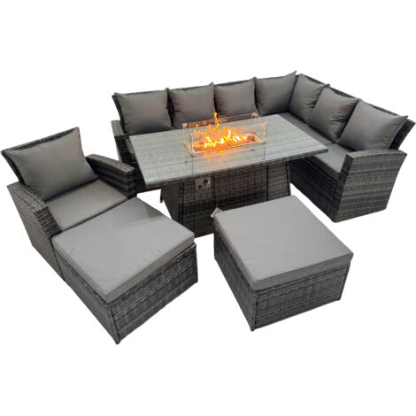 Fimous Outdoor Furniture Garden Dining Set Rattan Corner Sofa Chair Set Gas Fire Pit Table with Temper Glass 2 Big Footstools Dark Grey Mixed