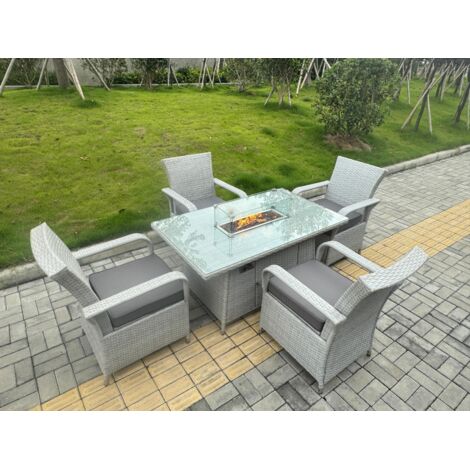 Fimous Light Grey Rattan Outdoor Garden furniture Set Gas Fire Pit Table and 4 Chairs Set with Seat Cushion