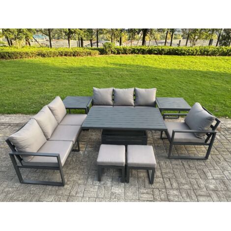 Fimous Aluminium Garden Furniture Sets,9 Seater Outdoor Sofa Dining Set with Adjustable Rising Lifting Dining Table 2 Side Tables 2 Small Footstools for Yard,Poolside, Patio, Dark Grey