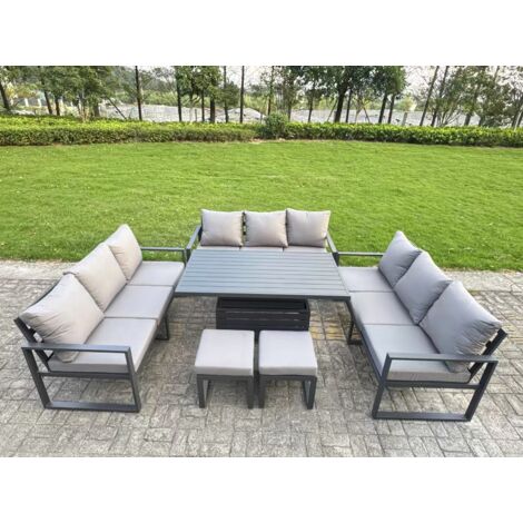 Fimous U-shaped Garden Furniture Set 11-Seater Aluminium Outdoor Dining Set with Adjustable Rising Lifting Dining Table 2 Small Footstools Dark Grey