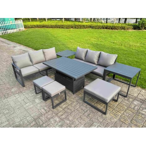 Fimous 8 Pieces Garden Furniture Set Aluminium Adjustable Rising Lifting Dining Table and Sofa Set with 2 Side Tables 3 Footstools Dark Grey (1/5)