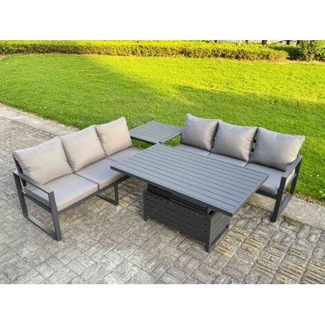Fimous 4 Pieces Garden Furniture Set Aluminium Adjustable Rising Lifting Dining Table and Sofa Set with Side Table Dark Grey (1/5)