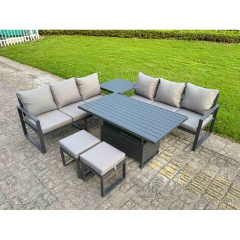 Fimous 6 Pieces Garden Furniture Set Aluminium Adjustable Rising Lifting Dining Table and Sofa Set with Side Table 2 Small Footstools Dark Grey