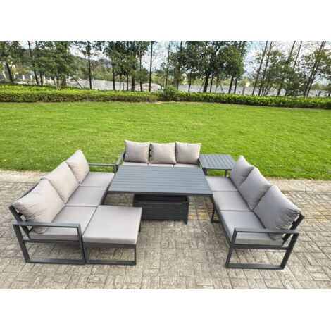 Fimous U-shaped Garden Furniture Set 10-Seater Aluminium Outdoor Dining Set with Adjustable Rising Lifting Dining Table Side Table Big Footstool Dark Grey