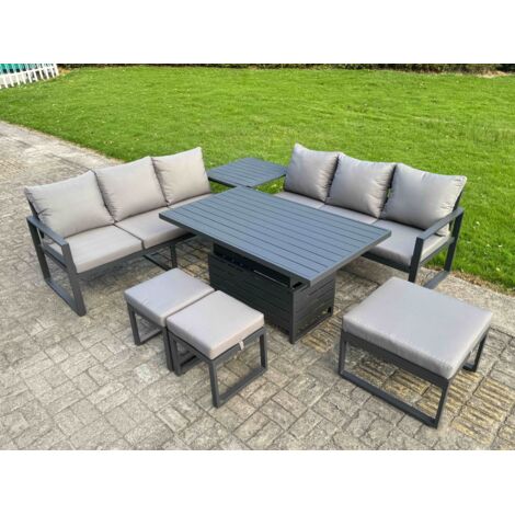 Fimous 7 Pieces Garden Furniture Set Aluminium Adjustable Rising Lifting Dining Table and Sofa Set with Side Table 3 Footstools Dark Grey (1/5)