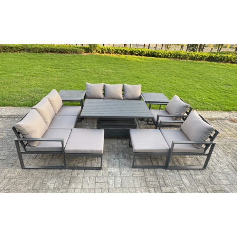 Fimous Garden Aluminium Furniture Set Dark Grey 10 Seater Outdoor Patio Adjustable Rising Lifting Dining Table with 2 Big Footstools 2 Side Tables Dark Grey