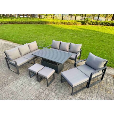 Fimous Garden Aluminium Furniture Set Dark Grey 10 Seater Outdoor Patio Adjustable Rising Lifting Dining Table with 3 Footstools Dark Grey (1/5)