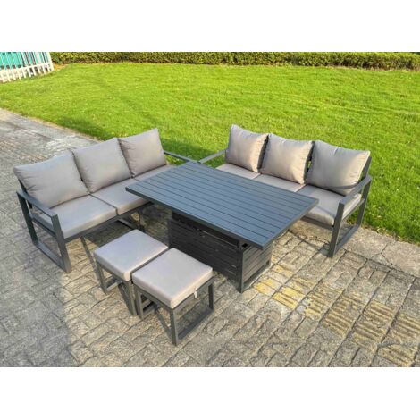 Fimous 5 Pieces Garden Furniture Set Aluminium Adjustable Rising Lifting Dining Table and Sofa Set with 2 Small Footstools Dark Grey (1/5)
