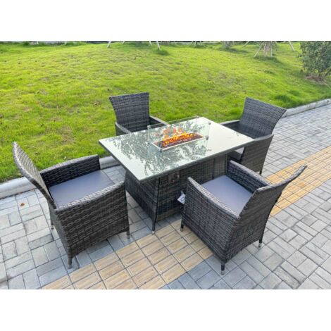 Fimous Rattan Garden Furniture Dining Set 4-seater Patio Rectangular Gas Firepit Table Chairs Outdoor Dark Grey Mixed (1/5)