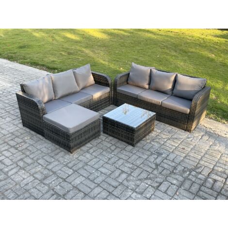 Fimous Dark Grey Mix PE Wicker Rattan Garden Furniture Set Sofa Set Reclining Adjustable Chair 2 Lounge Sofa