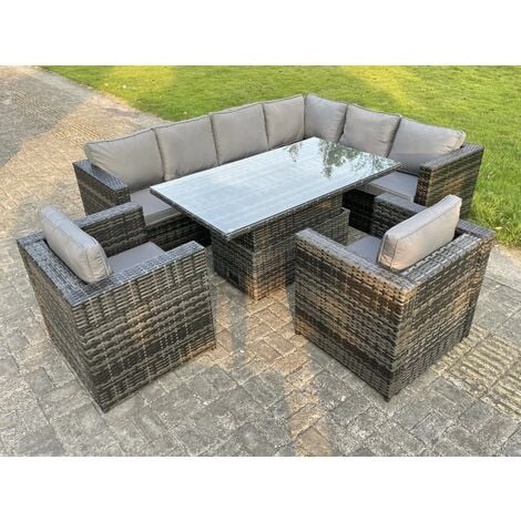 dark mixed grey outdoor rattan garden furniture sofa set rising adjustable dining table 2 chairs patio furniture right corner