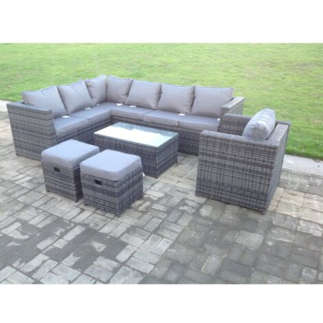 Fimous Dark Grey Mixed Rattan Garden Furniture Corner Sofa Set Oblong Coffee Table Chair Footstools (1/3)