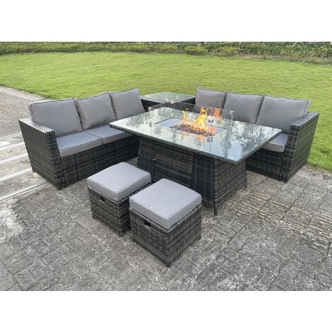 Oudoor Rattan Garden Furniture Gas Fire Pit Table Sets Lounge Chairs Dark Grey 8 seater