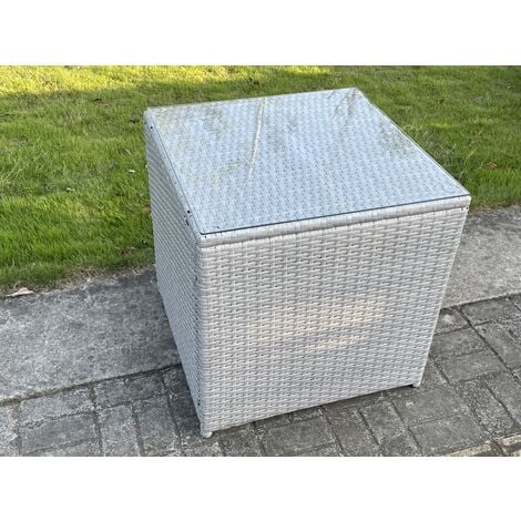 Fimous Light Grey Rattan Cube Side Table Tea Coffee Table Outdoor Garden Furniture Accessory With Clear Tempered Glass