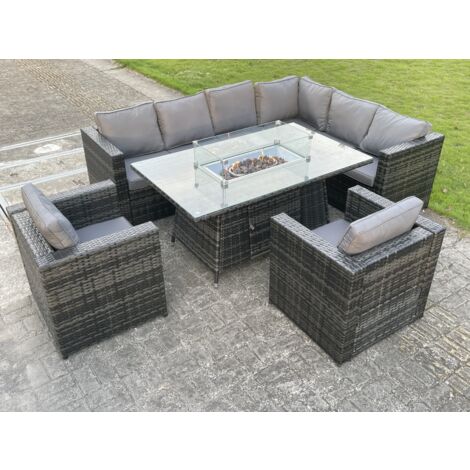 Fimous Outdoor Rattan Garden Furniture Corner Sofa Burner Gas Fire Pit Table Sets Lounge Chairs Dark Grey 8 Seater