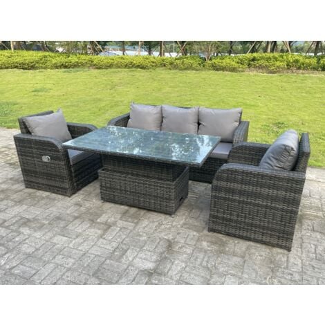 Fimous Dark Mixed Grey Rattan Outdoor Garden Furniture Lifting Adjustable Dining Or Coffee Table Sets Lounge Sofa Recling Chairs 5 Seater
