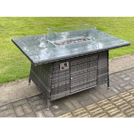 Fimous Outdoor Rattan Garden Corner Furniture Gas Fire Pit Table Gas Heater Sets Side Tables Small Footstools Dark Grey 11 Seater