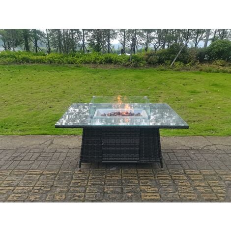 Fimous Outdoor Rattan Garden Corner Furniture Gas Fire Pit Table Gas Heater Sets Side Tables Small Footstools Dark Grey 11 Seater