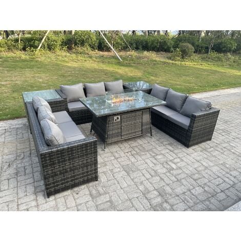 Fimous Outdoor Rattan Garden Furniture Gas Fire Pit Dining Table Gas Heater Sets Side Tables Dark Mixed Grey 9 Seater