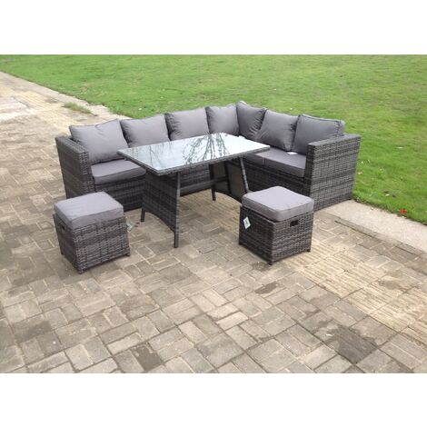 Dark Mixed Grey Rattan Garden Outdoor Corner Sofa Set Rectangular Dining Table Small Footstools 8 Seater (1/2)