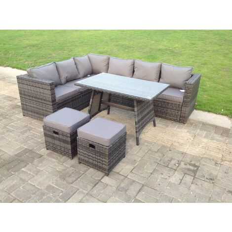 Dark Mixed Grey Rattan Garden Outdoor Corner Sofa Set Rectangular Dining Table Small Footstools 8 Seater (1/2)