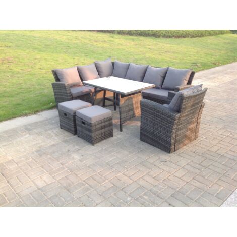 High Back Dark Mixed Grey Rattan Corner Sofa Set Outdoor Furniture Rectangular Dining Table 2 Small Footstools Chair 9 Seater (1/2)