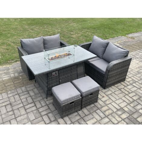 Fimous 6 Seater Rattan Outdoor Garden Furniture Sofa Set Gas Fire Pit Dining Table Gas Heater with Love Sofa 2 Small Footstool Dark Grey Mixed (1/5)