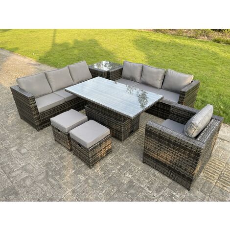 Fimous 9 Seater Outdoor Rattan Sofa Set Adjustable Rising Lifting Side Tables Chairs Footstool Dark Grey Mixed