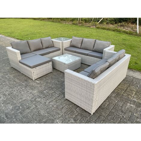 Fimous Light Grey Lounge Outdoor PE Rattan Garden Furniture Set Wicker Sofa Set Square Coffee Table Side Table Footstool (1/2)