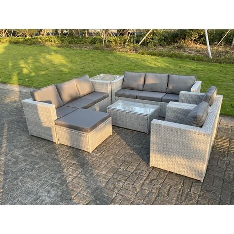 Fimous 9 Seater Light Grey Outdoor PE Rattan Garden Furniture Set Sofa Set Coffee Table Footstool 2 Armchair
