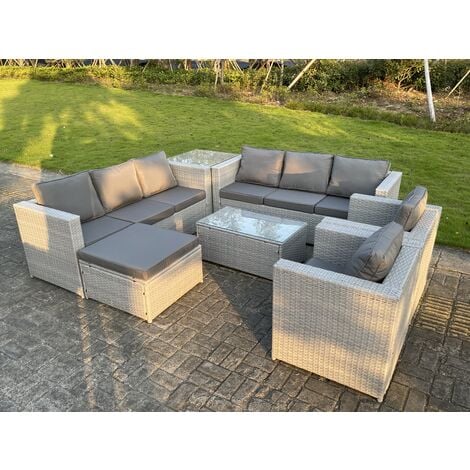 Fimous 9 Seater Light Grey Outdoor PE Rattan Garden Furniture Set Sofa Set Coffee Table Footstool 2 Armchair