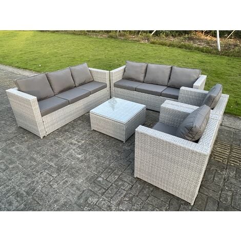 Fimous 8 Seater Light Grey Outdoor PE Rattan Garden Furniture Set Wicker Sofa Set Square Coffee Table 2 Armchair