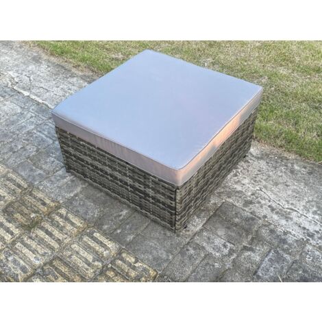 Fimous Rattan Big Footstool Patio Outdoor Stool Garden Furniture With Thick Grey Cushion Dark Grey Mixed