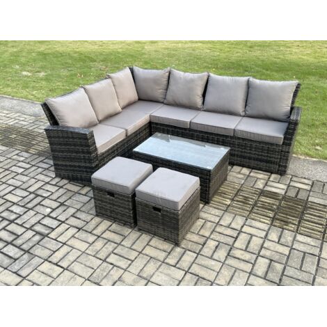 Fimous 8 Seater Outdoor Furniture Garden Dining Set Rattan Corner Sofa Set with Rectangular Coffee Table 2 Small Footstools Dark Grey Mixed (1/5)